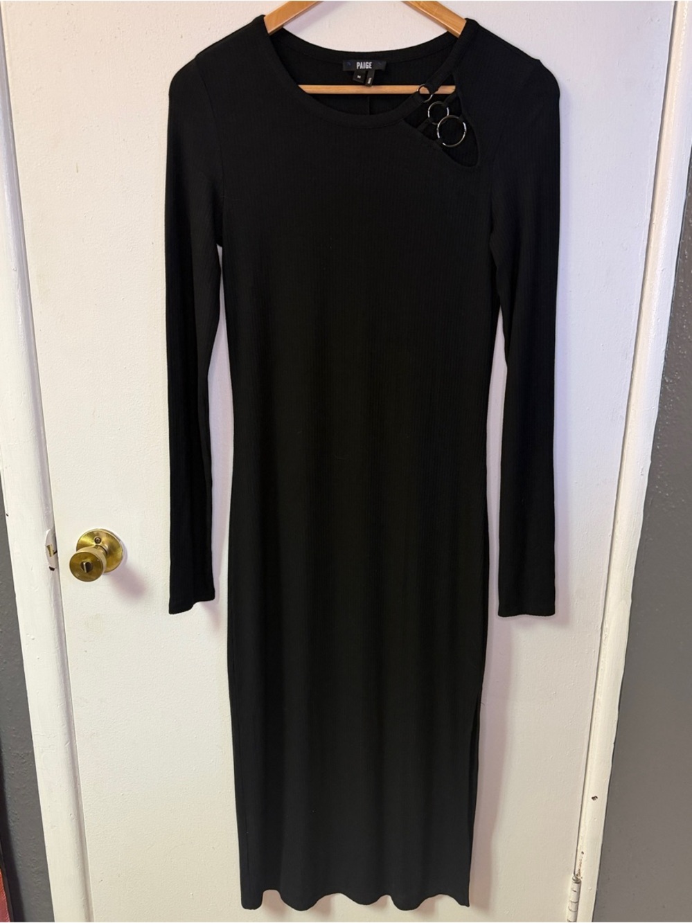 PAIGE Black Long Sleeve Ribbed Midi Dress with Ring Accent
